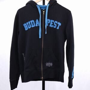 Cut for Friends Budapest Full Zip Hoodie Mens Large Black Blue Embroidered Y2K